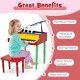 Colorful 30-key wood toy grand piano for kids, featuring a bench and music rack, promotes creativity and hand-eye.