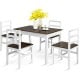 Compact 5-piece walnut dining set with pine wood table and chairs, featuring cushioned seats and space-saving design.