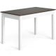 Compact kitchen dining table with walnut top and white legs, featuring a smooth surface for easy cleaning.