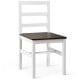 White dining chair with walnut seat, featuring a high backrest and crossbars for stability, perfect for compact.