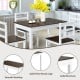 Compact 5-piece walnut dining set with smooth tabletop, solid pine wood legs, and cushioned chairs for kitchen use.