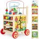 Wooden 6-in-1 developmental learning toy with bead maze, colorful designs, and ergonomic walker for toddlers.