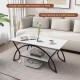 2-tier faux marble coffee table with black metal frame, featuring a sleek design and ample space for easy robot vacuum.