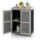 Garden potting bench table in gray with elevated legs and a unique roll-up door, perfect for ventilation and easy.