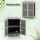 Garden potting bench table with two storage shelves, featuring a metal tabletop and vented shutter doors for.