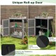 Garden potting bench table with unique roll-up door, gray metal tabletop, and two storage shelves for versatile use.