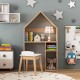 House-shaped kids desk and chair set in gray with storage, blackboard, and sturdy design for learning and play.