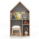 House-shaped kids' desk and chair set in gray with storage for books and toys, featuring a blackboard for drawing.