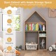 House-shaped desk and chair set in gray with ample storage for toys and books, featuring a blackboard for kids'.