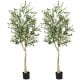 Two 6 feet artificial olive trees with 1264 leaves and 72 fruits in cement pots, ideal for indoor and outdoor decor.