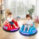 Two kids enjoying a 12V electric bumper car with remote control and LED lights, featuring a fun cartoon design.