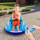 Blue 12V electric bumper car with remote control, LED lights, and a child holding flowers for outdoor fun.