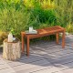 Backless 2-seater patio dining bench with slatted seat, made of solid wood, ideal for garden or backyard use.