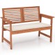 Solid wood patio bench with backrest and cushion, designed for two, perfect for backyard or poolside relaxation.