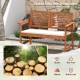 2-person solid wood patio bench with backrest and cushion, featuring a natural wood finish for backyard relaxation.