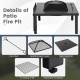 Patio fire pit table with spark screen cover, fire poker, and adjustable footpads for versatile outdoor use.