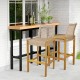 Set of 2 rattan patio barstools with acacia wood frame and backrest, perfect for indoor or outdoor dining.