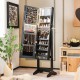 Freestanding black jewelry cabinet with full-length mirror, LED lights, and ample storage for accessories and cosmetics.