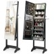 Freestanding black jewelry cabinet with full-length mirror, LED lights, and ample storage for accessories and jewelry.