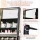 Freestanding black jewelry cabinet with full-length mirror, LED lights, and hairdryer mount for convenient storage.