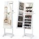 Freestanding jewelry cabinet in white with open door view, showcasing multiple storage partitions and adjustable LED.