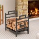 Metal firewood rack with dual handles, featuring a moose design, for tidy storage and easy movement indoors or outdoors.