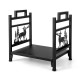 Metal firewood rack with dual handles, featuring moose design, sturdy construction, and 3" elevated base for wood.