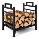 Metal firewood rack with dual handles, featuring a decorative moose design, holds firewood for indoor or outdoor use.