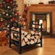 Metal firewood rack with dual handles, featuring a moose design, perfect for tidy storage and winter warmth.