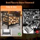 Metal firewood rack with dual handles, elevated 3 inches for dryness, featuring a decorative moose design for.