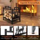 Metal firewood rack with dual handles, lifelike moose design, and adjustable foot pads for indoor or outdoor use.