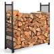 Firewood rack stand with mesh sides, powder-coated for rust resistance, elevates wood for better air circulation.