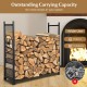 Firewood rack stand with mesh sides and high sides, designed for stability and storage of small firewood indoors or.
