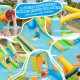 Giant inflatable water slide featuring dual slides, splash pool, basketball rim, and boxing sandbag for outdoor fun.