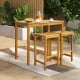 Rectangular acacia wood bar height table with stools, perfect for outdoor dining and gatherings on the patio.