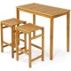 Rectangular acacia wood bar height table with two stools, perfect for outdoor dining and gatherings on the patio.