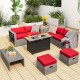 9-piece patio furniture set featuring red cushions, hand-woven PE wicker, and a fire pit for outdoor relaxation.