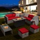 9-piece patio furniture set featuring a fire pit table, red cushions, and hand-woven PE wicker for outdoor relaxation.