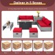 9-piece patio furniture set featuring red cushions and a 42-inch fire pit, ideal for outdoor gatherings and warmth.