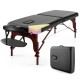 Folding massage table with adjustable beech wood frame, black PU leather, and memory foam for ultimate comfort.