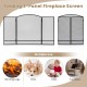 Folding 3-panel fireplace screen in black wrought iron, designed to protect kids, pets, and furniture from sparks.