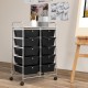 Black 10-drawer rolling storage cart on wheels, featuring a sturdy metal frame, perfect for versatile storage solutions.