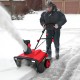 Electric snow thrower in red clearing snow, featuring a 20" width, 180° chute rotation, and ergonomic handle for easy.