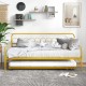 Twin size golden metal daybed with trundle, featuring lockable wheels, ideal for living rooms and guest rooms.