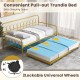 Twin size golden metal daybed with pull-out trundle and lockable wheels, ideal for guest accommodation and space-saving.