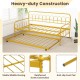 Twin size golden metal daybed with trundle, featuring lockable wheels and anti-slip foot pad for stability.