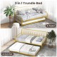 Twin size golden metal daybed with trundle, featuring lockable wheels, ideal for guest accommodation and space-saving.