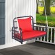 Patio rattan porch swing hammock chair with red seat cushion, featuring a sturdy metal frame for outdoor relaxation.