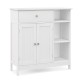 White bathroom cabinet featuring a drawer, two doors, and three open compartments for versatile storage solutions.