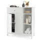 White bathroom cabinet featuring a drawer, cabinet, and three open compartments for versatile storage solutions.